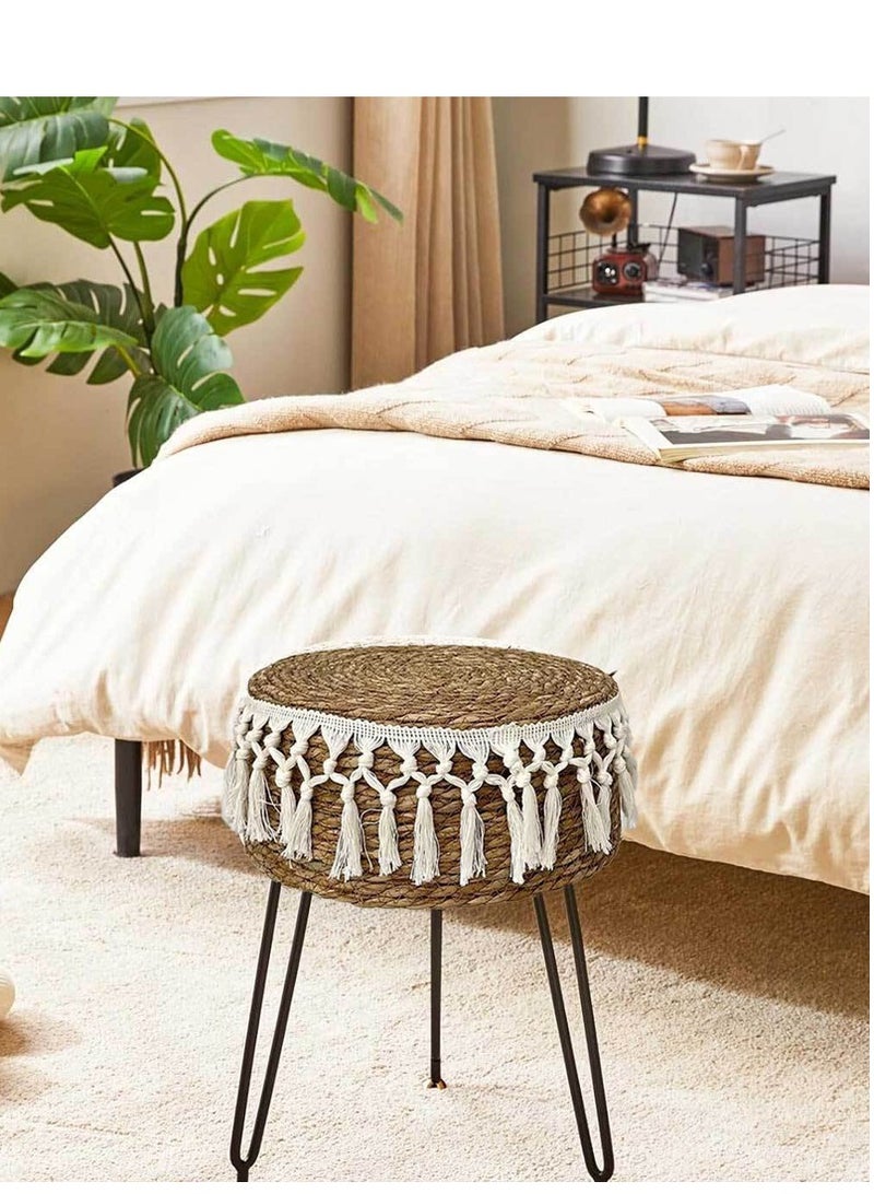 FFD Handwoven Natural Dark Brown Seagrass Footstool - 32x45cm Round Ottoman Pouf with Metal Legs - Versatile Vanity Stool for Living Room, Bedroom, Balcony - Image 3