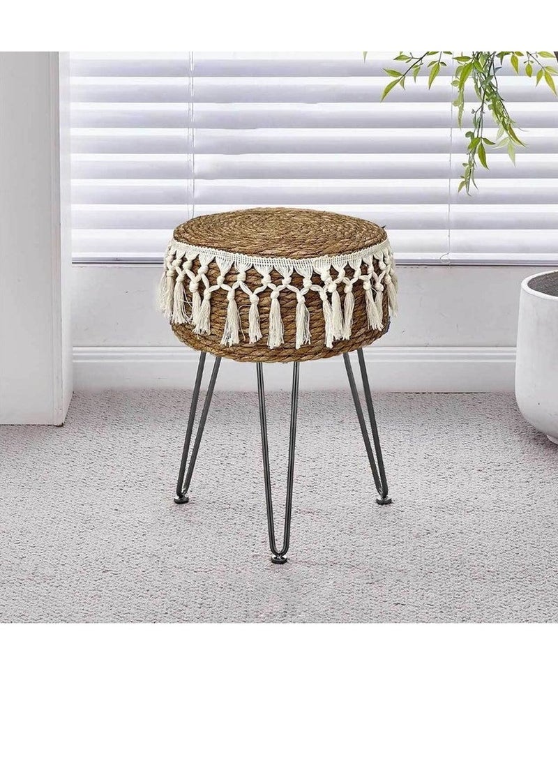 FFD Handwoven Natural Dark Brown Seagrass Footstool - 32x45cm Round Ottoman Pouf with Metal Legs - Versatile Vanity Stool for Living Room, Bedroom, Balcony - Image 4