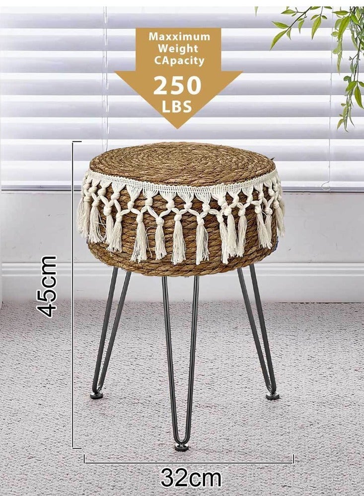 FFD Handwoven Natural Dark Brown Seagrass Footstool - 32x45cm Round Ottoman Pouf with Metal Legs - Versatile Vanity Stool for Living Room, Bedroom, Balcony - Image 2