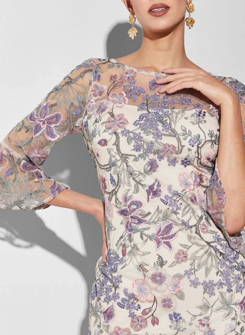 Adrianna Papell Floral Print Embroidered Dress