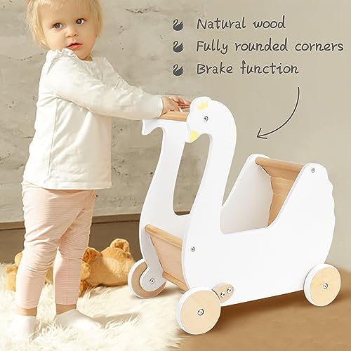 Pillowhale Wooden Doll Stroller, Baby Pram Toy, Wooden Swan Baby Walker for Toddler Boys & Girls 18 Months and Up - Image 5