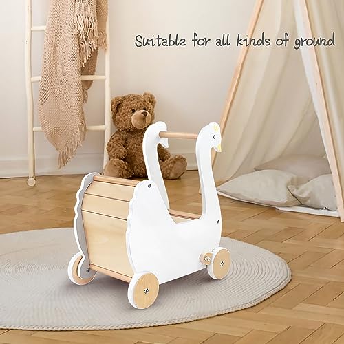 Pillowhale Wooden Doll Stroller, Baby Pram Toy, Wooden Swan Baby Walker for Toddler Boys & Girls 18 Months and Up - Image 2
