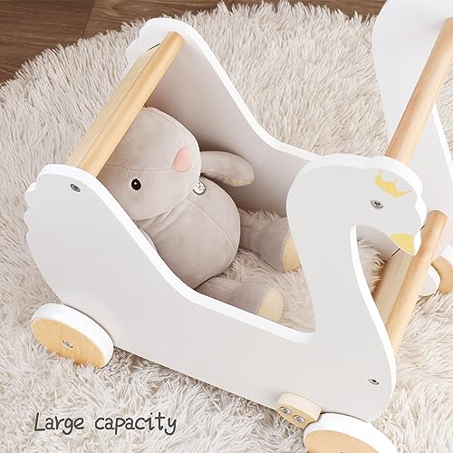 Pillowhale Wooden Doll Stroller, Baby Pram Toy, Wooden Swan Baby Walker for Toddler Boys & Girls 18 Months and Up - Image 4