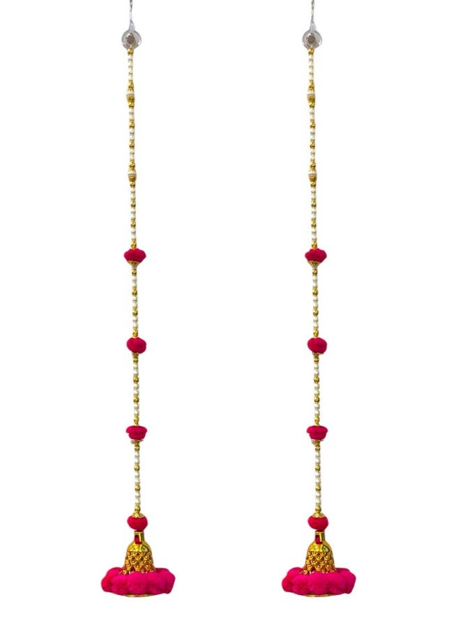 Smaran Traditiona Handmade Door Hanging, Toran with Pom Pom & Golden Beads & Bell for Main Door and Wall Hanging for Home Decor, Pooja Room, Latkan for Festival Decoration - Pink (Set of 2) - Image 4