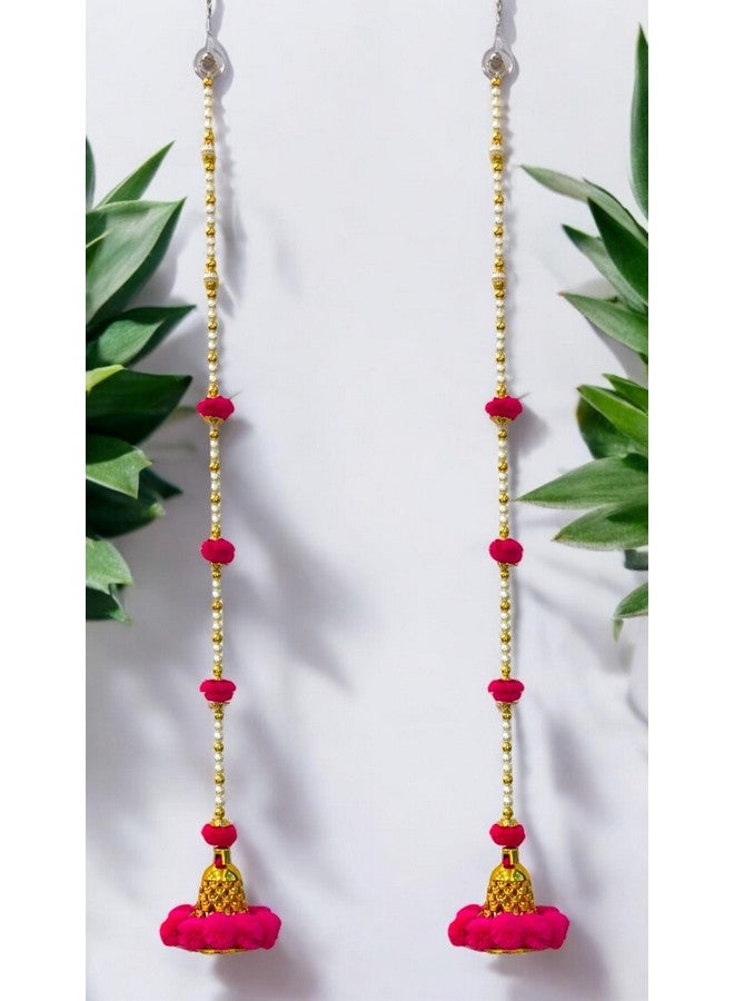 Smaran Traditiona Handmade Door Hanging, Toran with Pom Pom & Golden Beads & Bell for Main Door and Wall Hanging for Home Decor, Pooja Room, Latkan for Festival Decoration - Pink (Set of 2) - Image 1