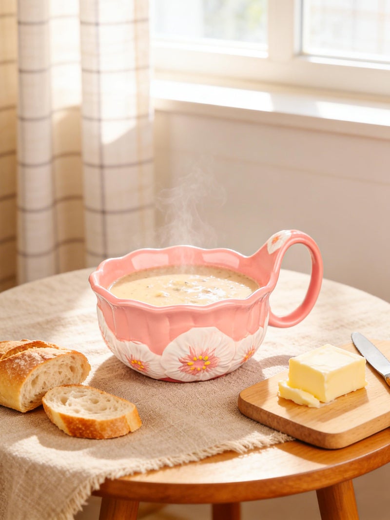silesia Handmade Ceramic Soup Bowl, 30 oz Hand Painted Bowl with Loop Handle, Floral Design Cereal Bowl for Soup, Ice cream, Snack, Microwave & Dishwasher Safe (Pink) - Image 5