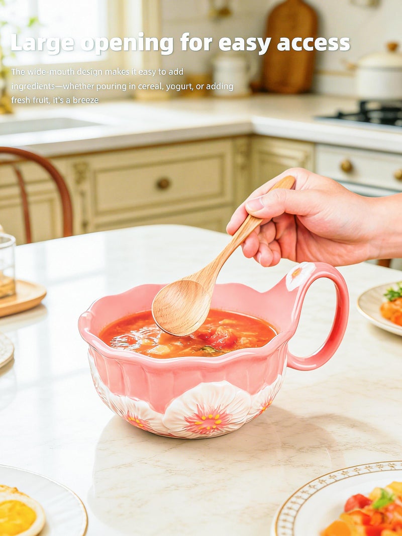 silesia Handmade Ceramic Soup Bowl, 30 oz Hand Painted Bowl with Loop Handle, Floral Design Cereal Bowl for Soup, Ice cream, Snack, Microwave & Dishwasher Safe (Pink) - Image 3