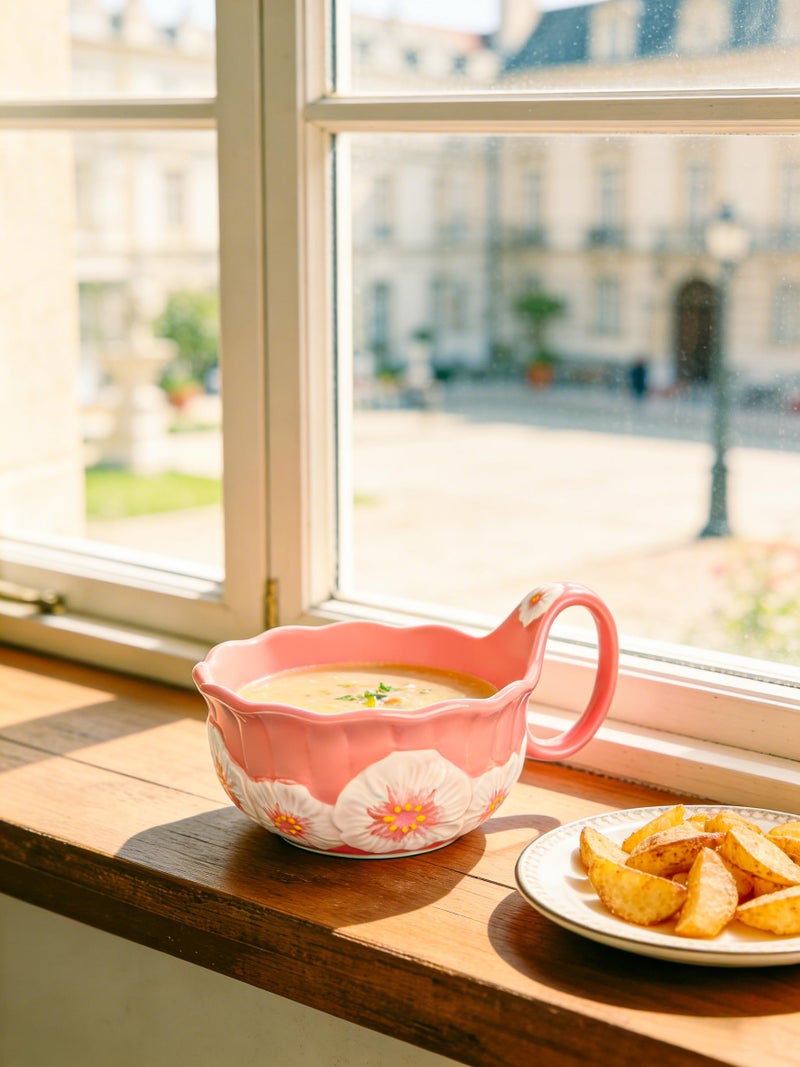 silesia Handmade Ceramic Soup Bowl, 30 oz Hand Painted Bowl with Loop Handle, Floral Design Cereal Bowl for Soup, Ice cream, Snack, Microwave & Dishwasher Safe (Pink) - Image 4