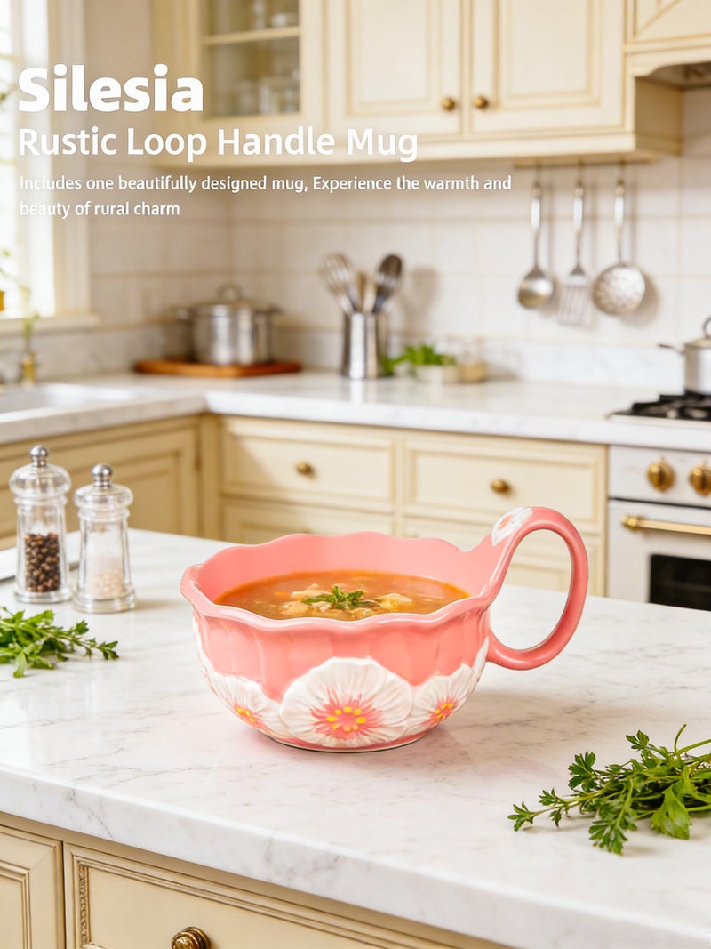 silesia Handmade Ceramic Soup Bowl, 30 oz Hand Painted Bowl with Loop Handle, Floral Design Cereal Bowl for Soup, Ice cream, Snack, Microwave & Dishwasher Safe (Pink) - Image 2