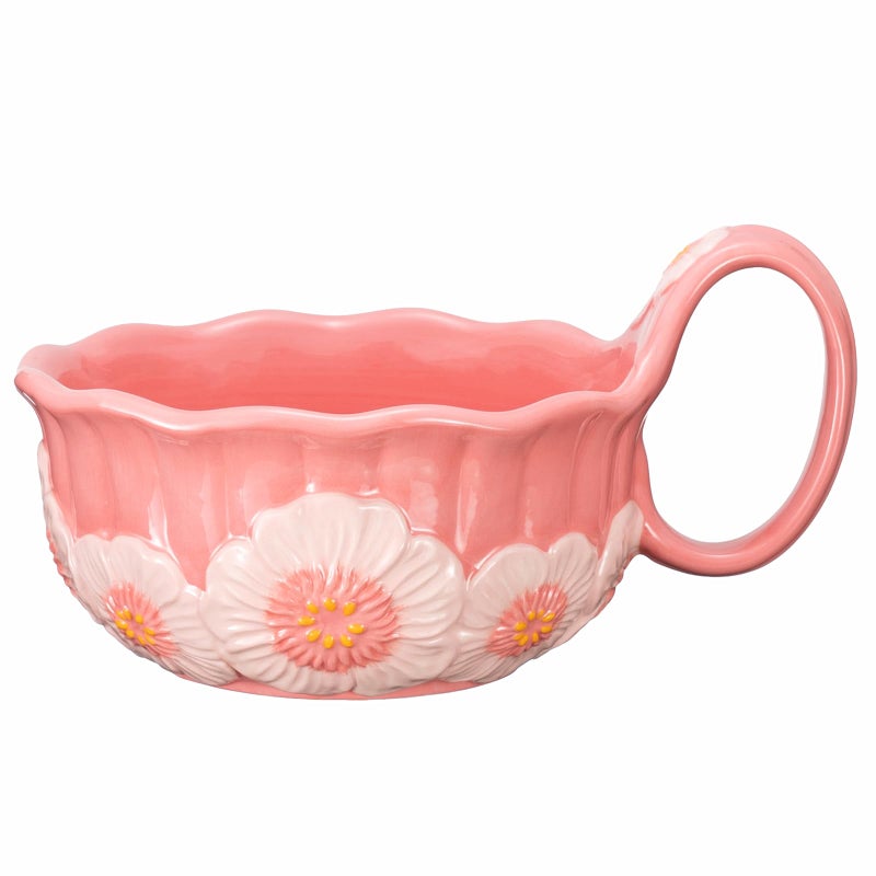 silesia Handmade Ceramic Soup Bowl, 30 oz Hand Painted Bowl with Loop Handle, Floral Design Cereal Bowl for Soup, Ice cream, Snack, Microwave & Dishwasher Safe (Pink) - Image 1