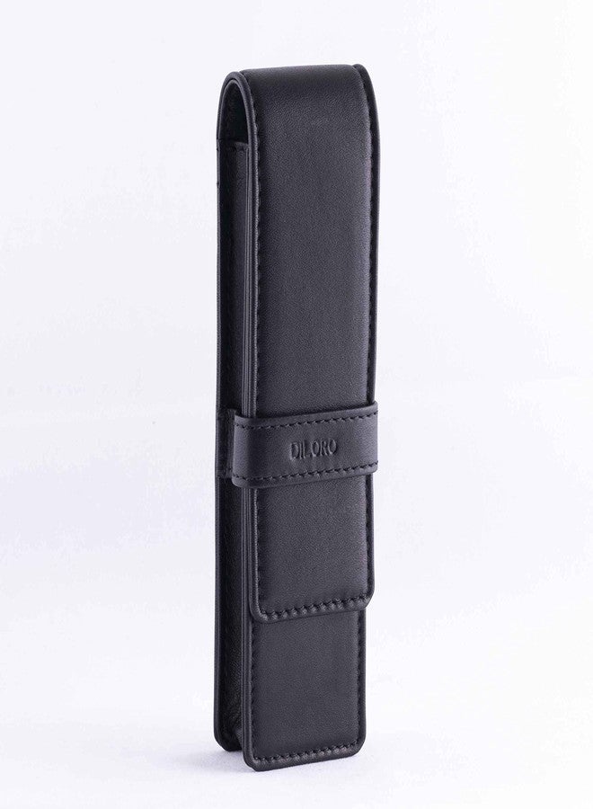 DiLoro Leather Double Pen Case Pencil Pouch Holder for Two Fountain Ballpoint Rollerball Pens and Pencils (Black) - Image 3