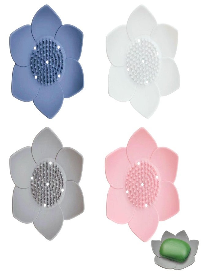 VDKIDKT 4 Pack Silicone Soap Dishes with Draining, Lotus Flowers Bar Soap Holder for Shower, Soap Saver for Counter, Bathtub, Kitchen Sink (White/Gray/Blue/Pink) - Image 1