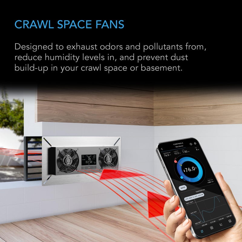 AC Infinity مروحة تهوية AC Infinity AIRTITAN T8، لفراغ الزحف، مع وحدة تحكم في درجة الحرارة والرطوبة متوافقة مع تطبيق WiFi، بتصنيف IP-55، طرد هواء - Image 2