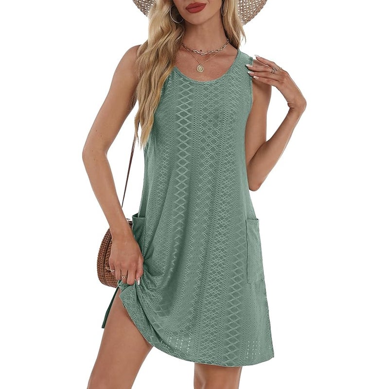 BKRIVE Coverup Summer Dresses for Women 2025 Eyelet Casual Loose Sleeveless Sundresses Tank Dresses with Pockets - Image 1