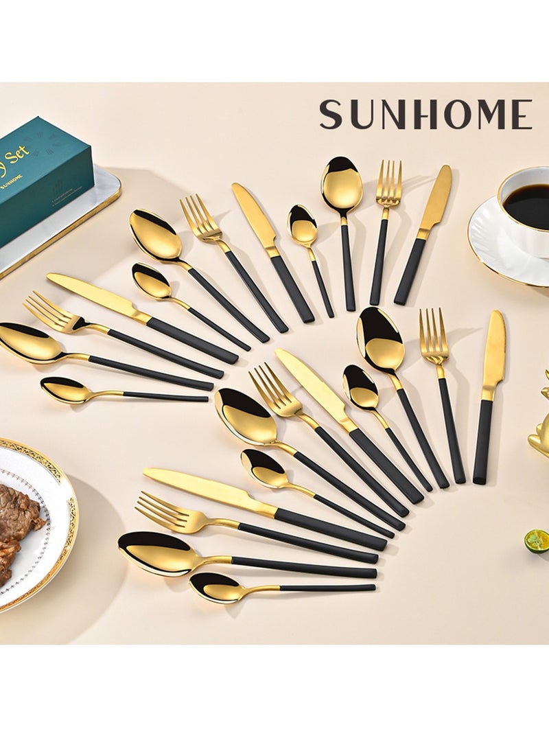 Sunhome طقم أدوات مائدة من الفولاذ المقاوم للصدأ 24 قطعة ذهبي/أسود من صن هوم - Image 3