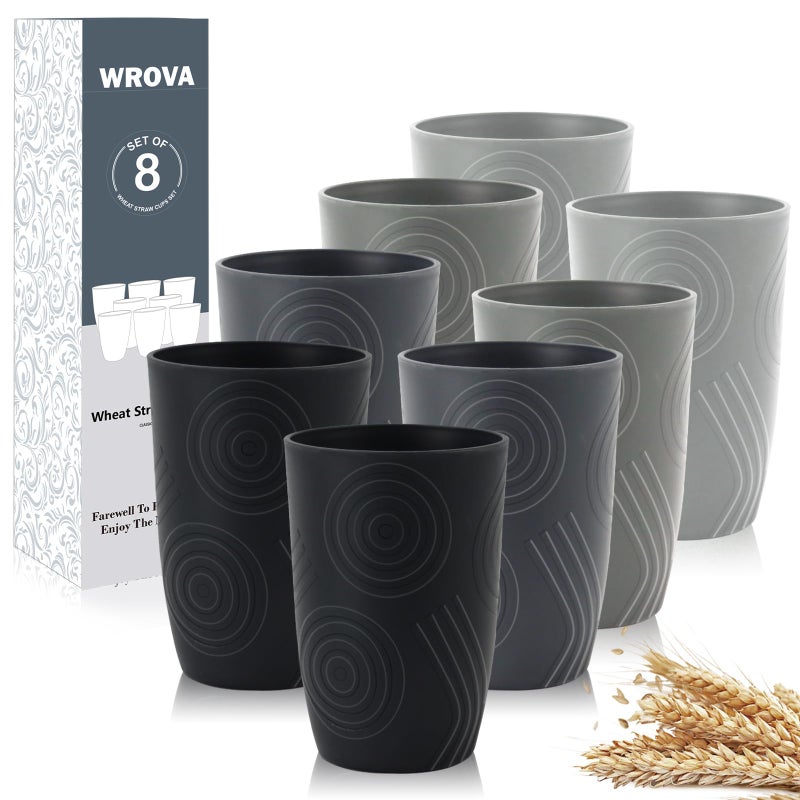Wrova Wheat Straw Cups 16oz set of 8 with Etched Pattern  Alternative Plastic Cups Dishwasher Safe  Plastic Drinking Cups Unbreakable for Kids  Black to Grey