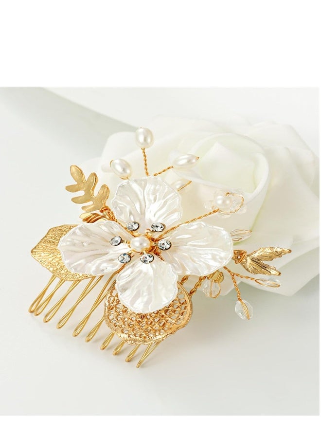 3 PCS Flower Girl Hair Pins Gold Leaf Wedding Hair Combs Bride Pearl Crystals Hair Clips Victorian Princess Hair Pieces White Flower Hair Accessories for Girls and Women - Image 4