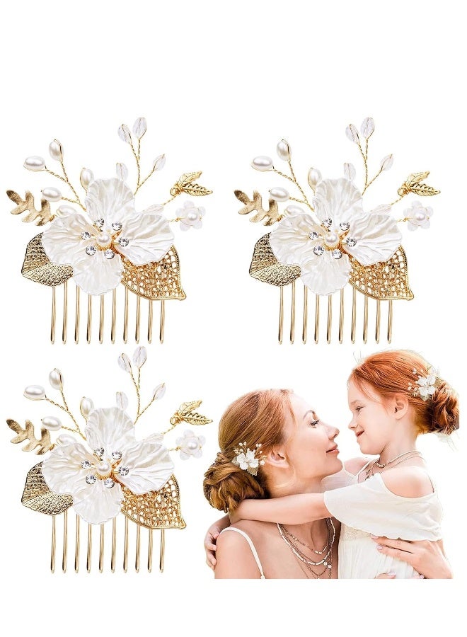 3 PCS Flower Girl Hair Pins Gold Leaf Wedding Hair Combs Bride Pearl Crystals Hair Clips Victorian Princess Hair Pieces White Flower Hair Accessories for Girls and Women - Image 1