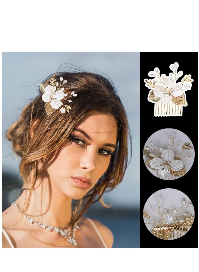 3 PCS Flower Girl Hair Pins Gold Leaf Wedding Hair Combs Bride Pearl Crystals Hair Clips Victorian Princess Hair Pieces White Flower Hair Accessories for Girls and Women - Image 5