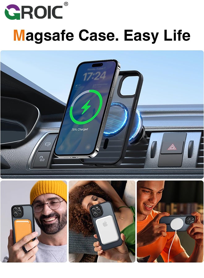 جراب أسود مصمم مغناطيسيًا لهاتف iPhone 15 Pro Max، حماية من الدرجة العسكرية ومتوافق مع MagSafe، ظهر شفاف غير لامع مع جراب هاتف ذو حافة ناعمة