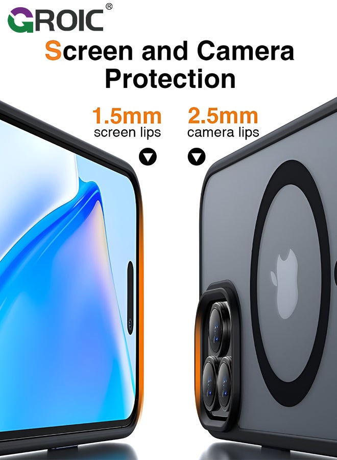 جراب أسود مصمم مغناطيسيًا لهاتف iPhone 15 Pro Max، حماية من الدرجة العسكرية ومتوافق مع MagSafe، ظهر شفاف غير لامع مع جراب هاتف ذو حافة ناعمة