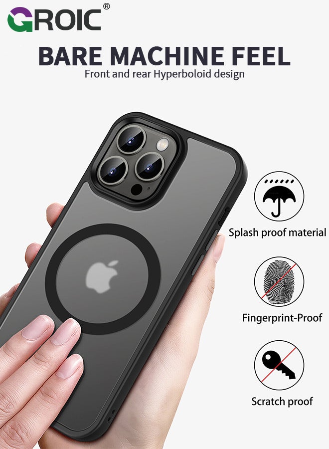 جراب أسود مصمم مغناطيسيًا لهاتف iPhone 15 Pro Max، حماية من الدرجة العسكرية ومتوافق مع MagSafe، ظهر شفاف غير لامع مع جراب هاتف ذو حافة ناعمة