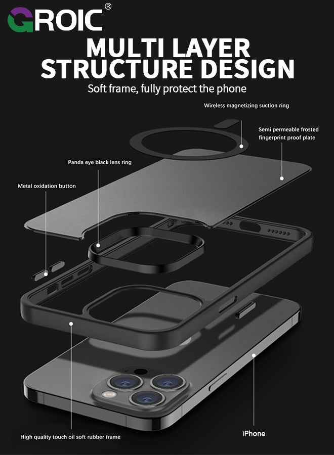 جراب أسود مصمم مغناطيسيًا لهاتف iPhone 15 Pro Max، حماية من الدرجة العسكرية ومتوافق مع MagSafe، ظهر شفاف غير لامع مع جراب هاتف ذو حافة ناعمة