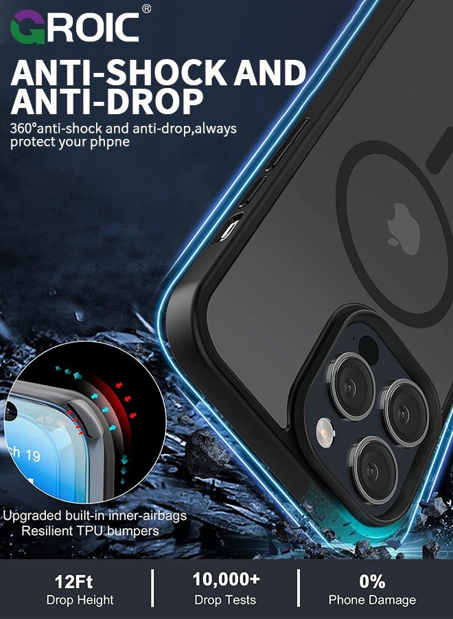 جراب أسود مصمم مغناطيسيًا لهاتف iPhone 15 Pro Max، حماية من الدرجة العسكرية ومتوافق مع MagSafe، ظهر شفاف غير لامع مع جراب هاتف ذو حافة ناعمة