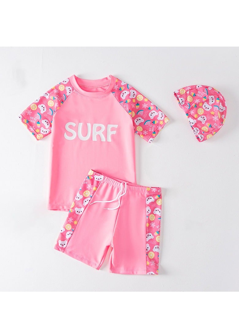 3 Piece Kids Swimsuit with Cap Set for Girls, Swimwear Children Swimming Trunks Short Sleeves Clothing Beachwear Bathing Suit for Summer, 110-120cm  - Image 1