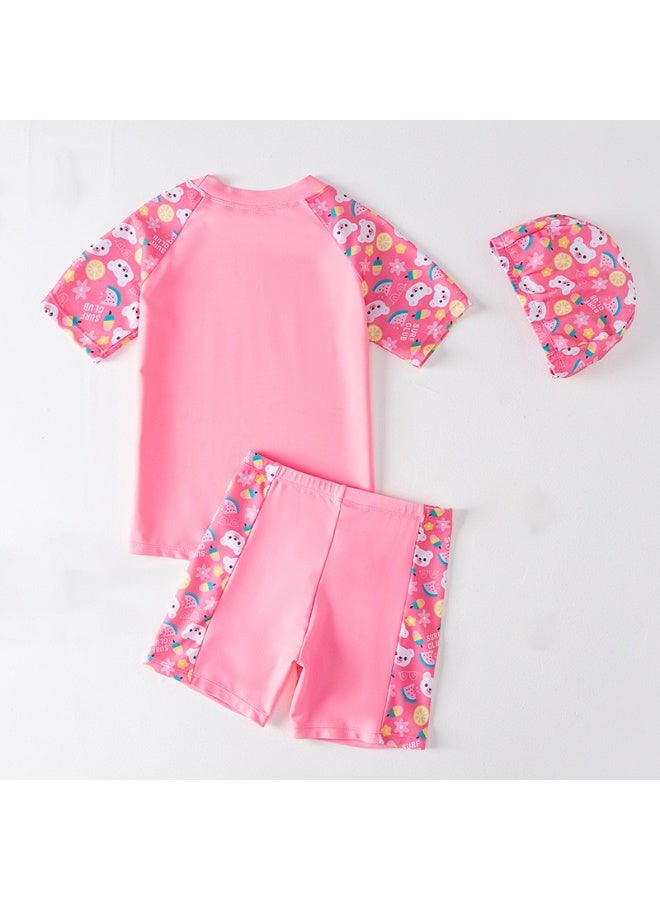 3 Piece Kids Swimsuit with Cap Set for Girls, Swimwear Children Swimming Trunks Short Sleeves Clothing Beachwear Bathing Suit for Summer, 110-120cm  - Image 2