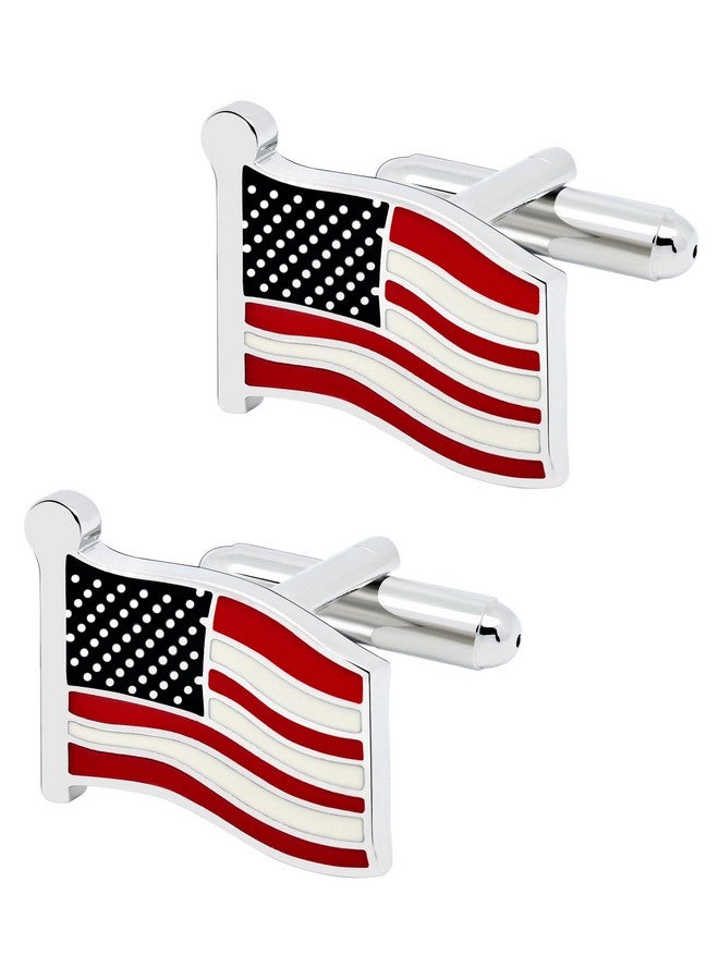 Jonwo American Usa Flag Cufflins Set For Men With Gift Case Waving Stars And Stripes Flag Men'S Cufflinks Jewelry Set For Wedding Party Anniversary Business Events Tuxedo Dress (Silver) - Image 1