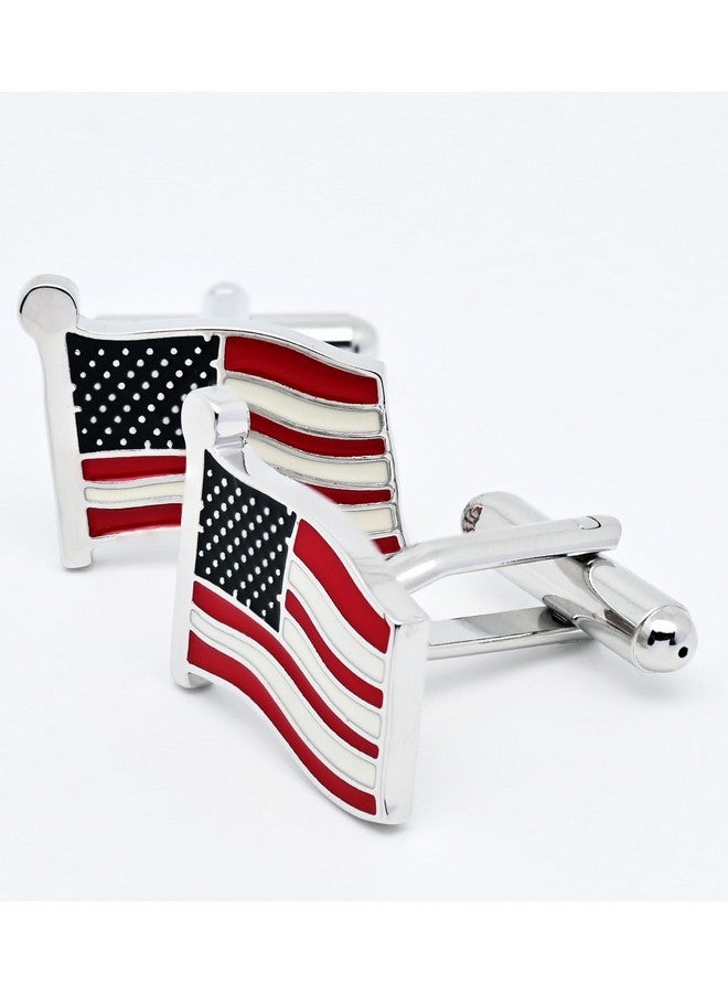 Jonwo American Usa Flag Cufflins Set For Men With Gift Case Waving Stars And Stripes Flag Men'S Cufflinks Jewelry Set For Wedding Party Anniversary Business Events Tuxedo Dress (Silver) - Image 5