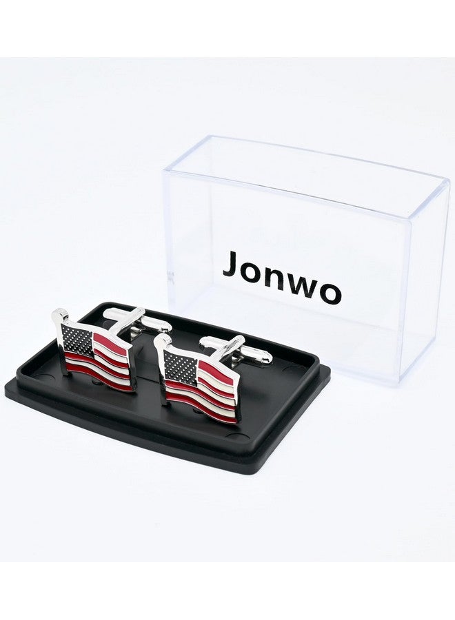 Jonwo American Usa Flag Cufflins Set For Men With Gift Case Waving Stars And Stripes Flag Men'S Cufflinks Jewelry Set For Wedding Party Anniversary Business Events Tuxedo Dress (Silver) - Image 4