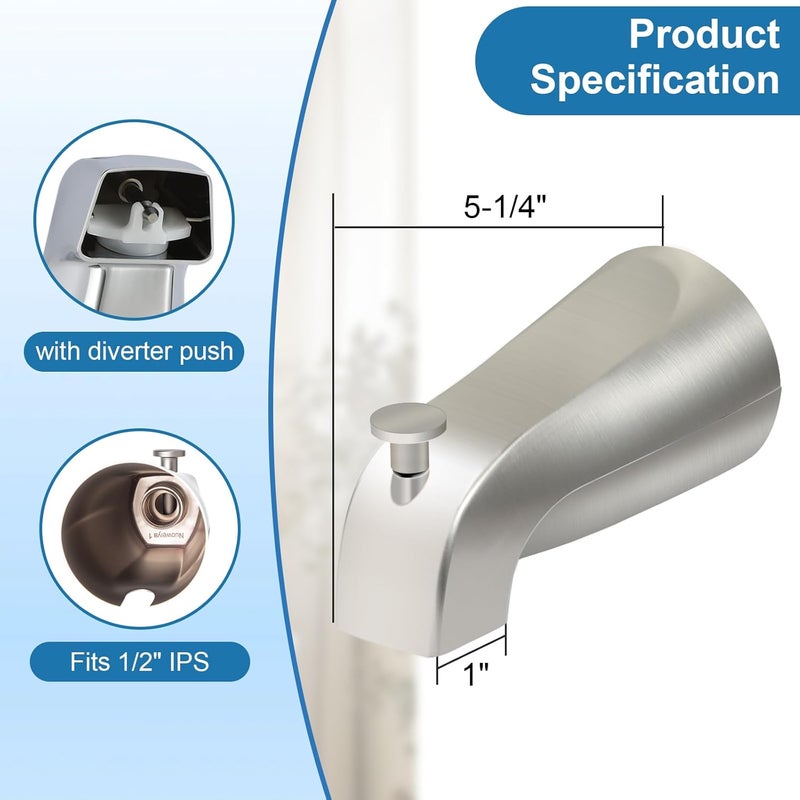 Coolfell 5 1/4 Inch Bathroom Brushed Nickel Tub Spout, Compatible with Westbrass E531D-1F-62, Bathtub Faucet for Wall Front Mount, Tub Spout with Shower Diverter 1/2'' IPS Inside Thread - Image 2