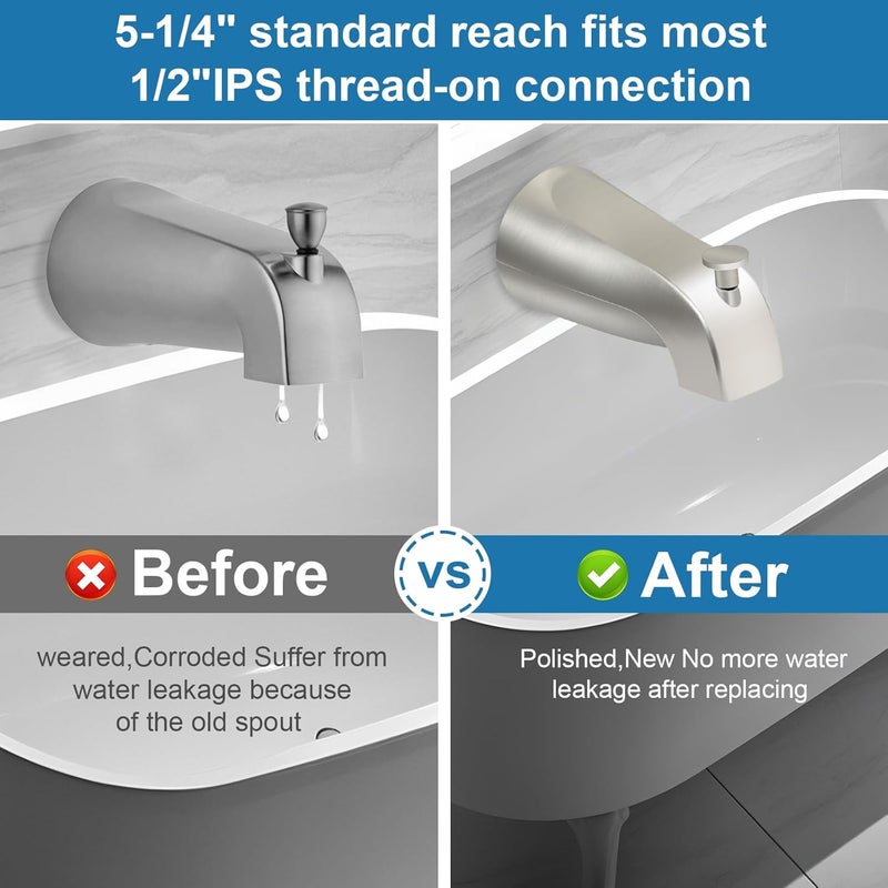 Coolfell 5 1/4 Inch Bathroom Brushed Nickel Tub Spout, Compatible with Westbrass E531D-1F-62, Bathtub Faucet for Wall Front Mount, Tub Spout with Shower Diverter 1/2'' IPS Inside Thread - Image 5