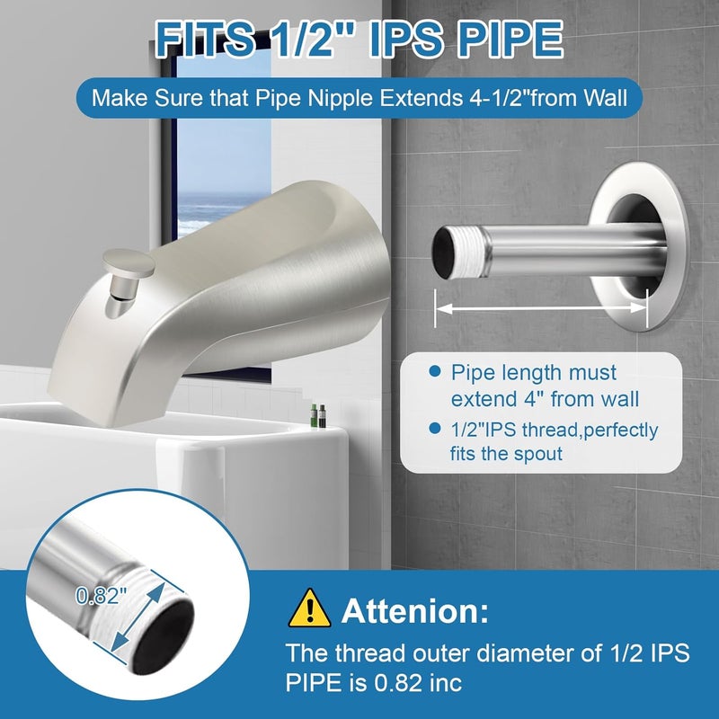 Coolfell 5 1/4 Inch Bathroom Brushed Nickel Tub Spout, Compatible with Westbrass E531D-1F-62, Bathtub Faucet for Wall Front Mount, Tub Spout with Shower Diverter 1/2'' IPS Inside Thread - Image 3
