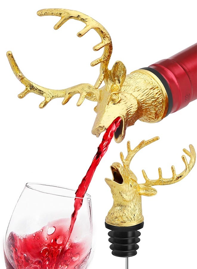 أداة صب النبيذ برأس غزال ذهبي، فوهة صب زجاجة مشروبات مع سدادة مطاطية مانعة للتسرب، مناسبة عالميًا لزيت زيتون الشمبانيا والويسكي والنبيذ - هدية خالية من التنقيط للرجال وحفلات الزفاف والعطلات - Image 1