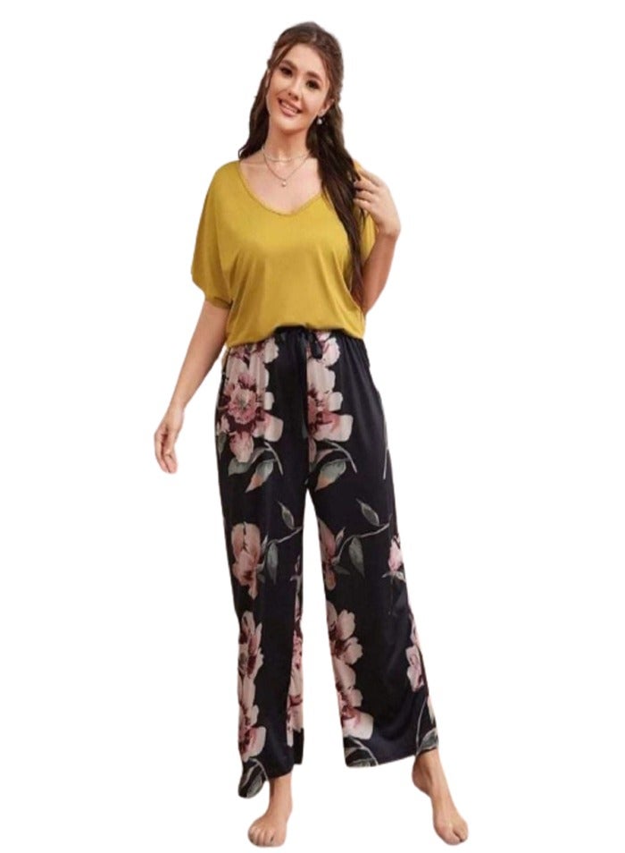 Women's home pants pajama set, special size - yellow - Image 1