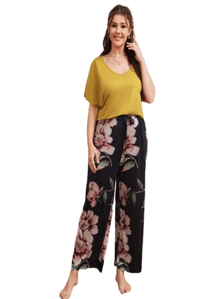 Women's home pants pajama set, special size - yellow - Image 4