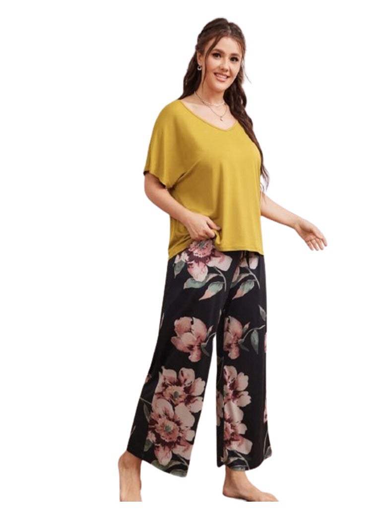 Women's home pants pajama set, special size - yellow - Image 2