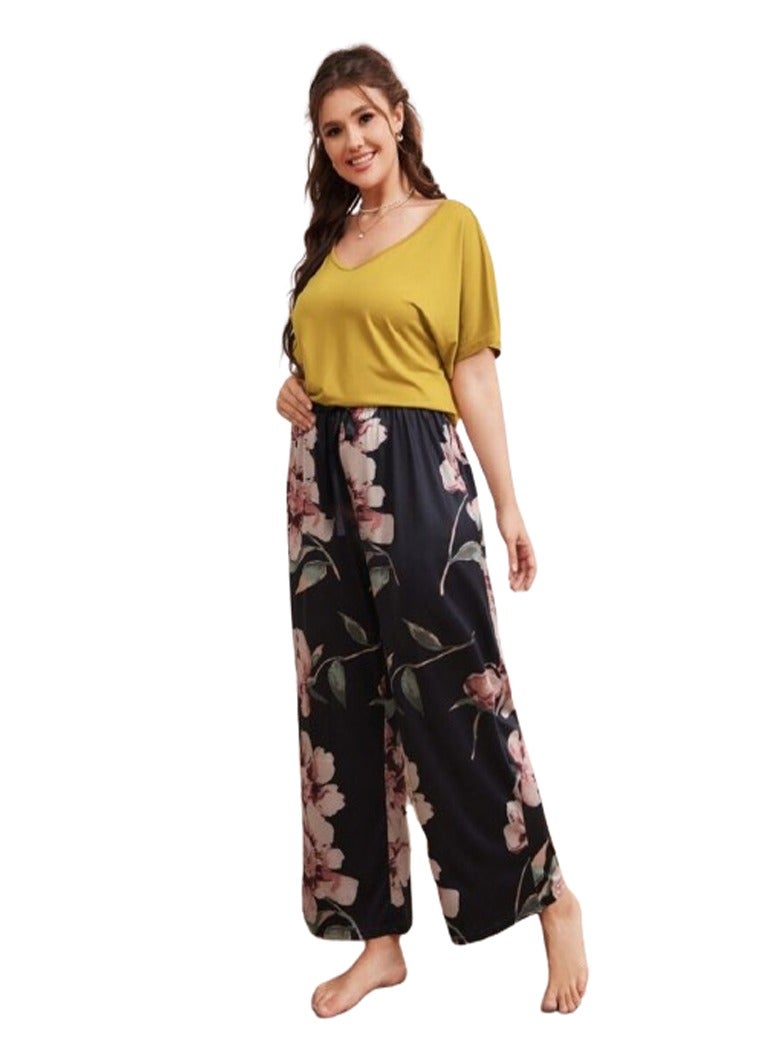 Women's home pants pajama set, special size - yellow - Image 3