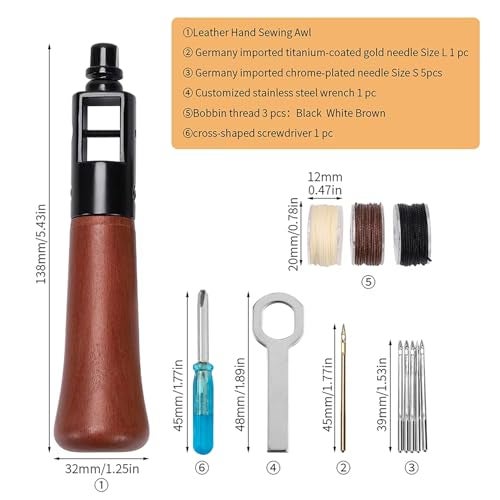 WUTA Repair Stitch Kit Leathercraft Stitch Awl Tool with 10Pcs Large TitaniumPlated Needle for Leather Belt Canvas Fabric Bag Repair Professional Stitcher Leather Craft Tool - Image 3