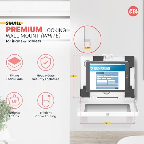 CTA Digital Locking iPad Wall Mount - CTA Anti-Theft Small Locking Tablet Enclosure w/ Key Lock & Interior Cable Routing for iPad Mini 1, 2, 3, 4, 5, 6, Samsung Tab A 8″, Lenovo Tab E8 - White- (PAD-PSWW) - Image 2