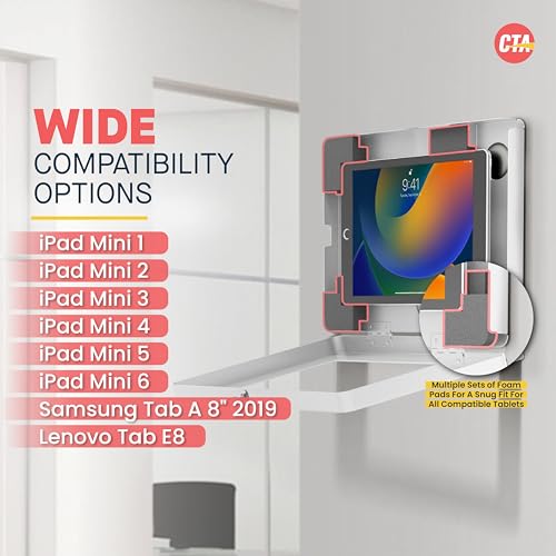CTA Digital Locking iPad Wall Mount - CTA Anti-Theft Small Locking Tablet Enclosure w/ Key Lock & Interior Cable Routing for iPad Mini 1, 2, 3, 4, 5, 6, Samsung Tab A 8″, Lenovo Tab E8 - White- (PAD-PSWW) - Image 4