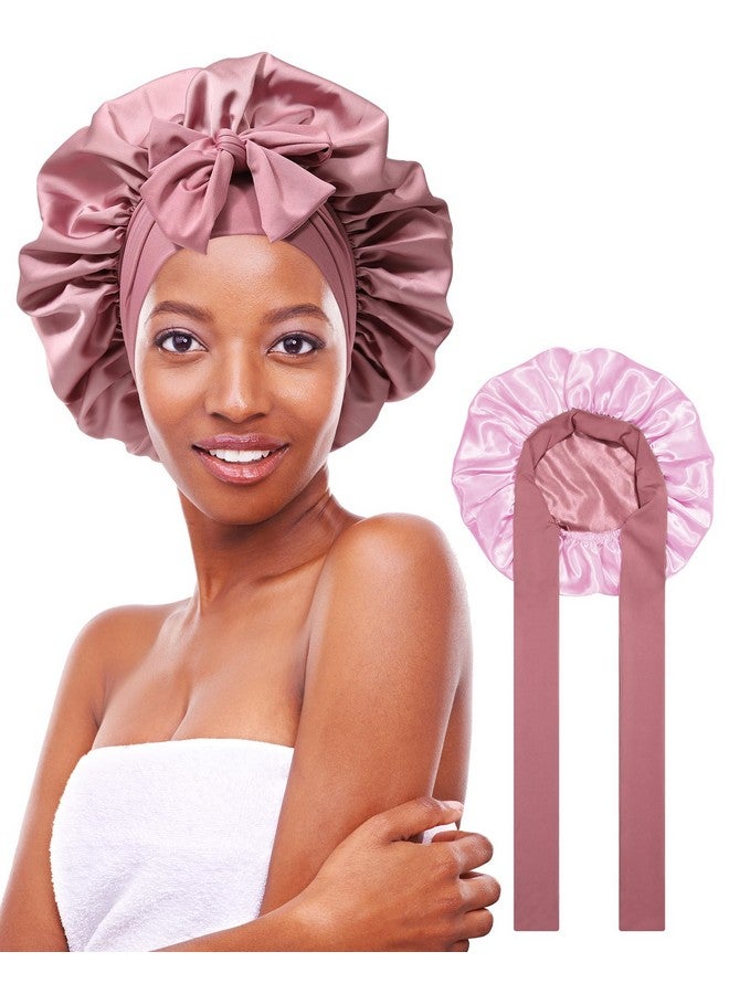 AWAYTR Satin Bonnet For Women Silk Bonnets For Sleeping Curly Hair Bonnet With Elastic Tie Band Reversible Double Layer Sleep Cap Hair Wrap (Doublelayer Reversible Satin Bonnet Bean Paste + Pink) - Image 1