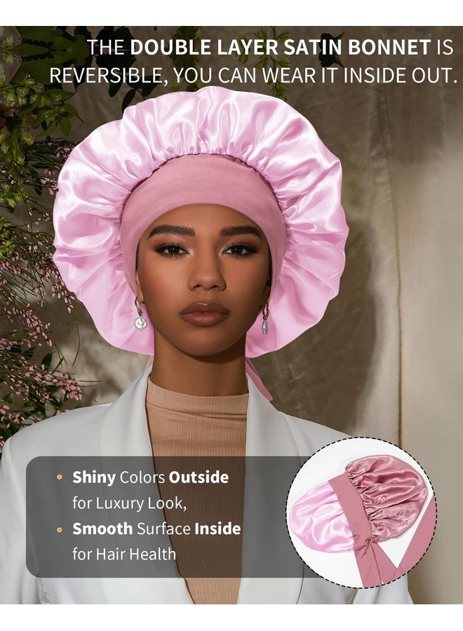 AWAYTR Satin Bonnet For Women Silk Bonnets For Sleeping Curly Hair Bonnet With Elastic Tie Band Reversible Double Layer Sleep Cap Hair Wrap (Doublelayer Reversible Satin Bonnet Bean Paste + Pink) - Image 3