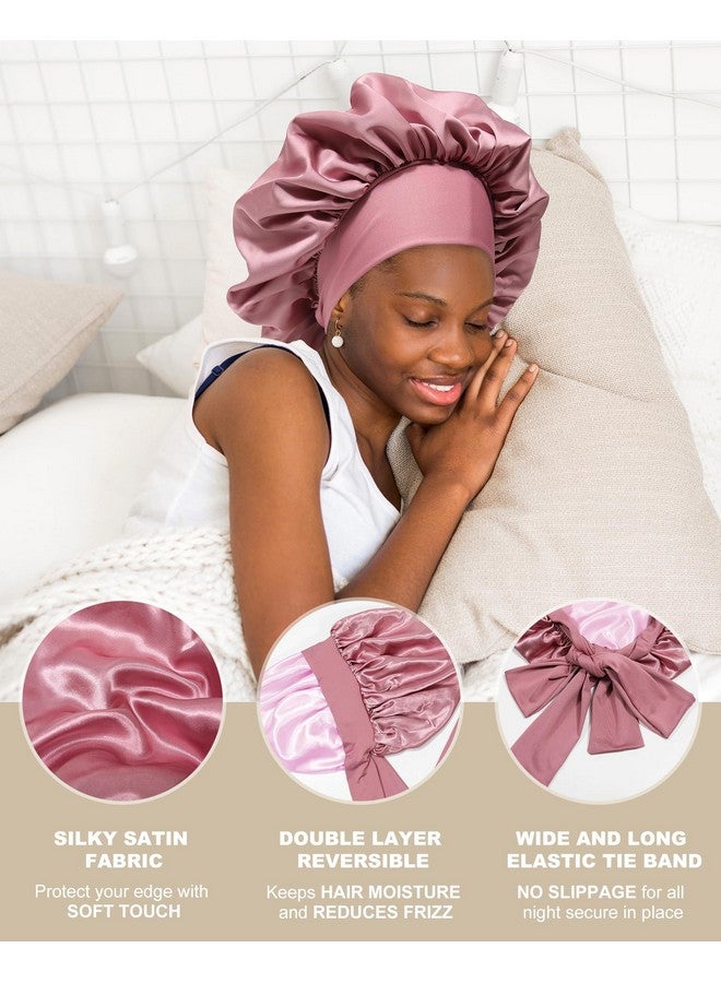 AWAYTR Satin Bonnet For Women Silk Bonnets For Sleeping Curly Hair Bonnet With Elastic Tie Band Reversible Double Layer Sleep Cap Hair Wrap (Doublelayer Reversible Satin Bonnet Bean Paste + Pink) - Image 5