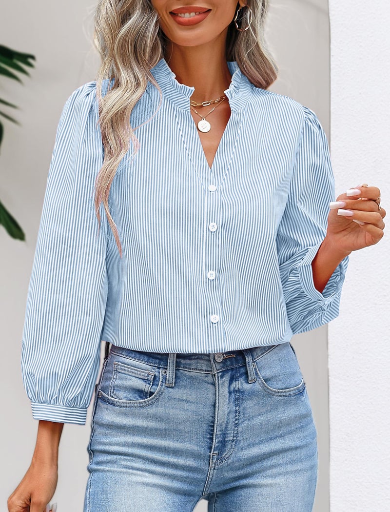 SimpleFun Button Down Shirts for Women 3/4 Sleeve Dressy Tops Striped Business Casual Outfits Blue S - Image 2