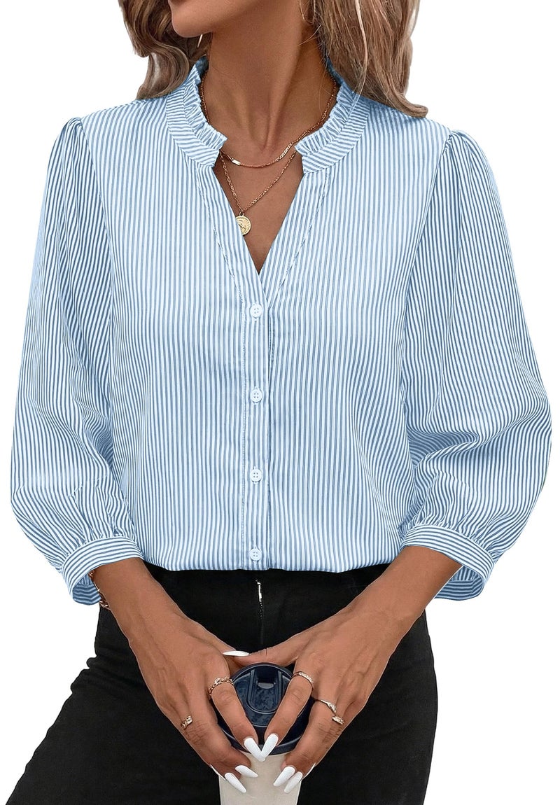 SimpleFun Button Down Shirts for Women 3/4 Sleeve Dressy Tops Striped Business Casual Outfits Blue S - Image 1