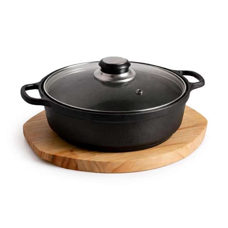 Pan Home Cast Iron Cooking Pot with Wooden Tray - Black - Image 5
